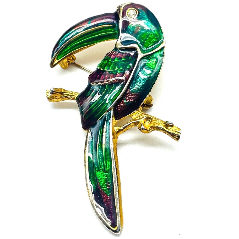 Vintage Enamel Toucan Bird Brooch Colorful Tropical Parrot Gold Tone Statement